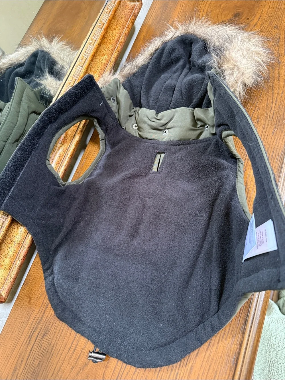 Sky Olive Green Quilted Dog Puffer Coat with removeable Faux Fur Hood. Size S.